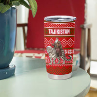 Tajikistan Christmas Tumbler Cup with Santa Riding Snow Leopard National Emblem and Red Holiday Pattern - Wonder Print Shop