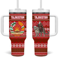Tajikistan Christmas Tumbler With Handle with Santa Riding Snow Leopard National Emblem and Red Holiday Pattern - Wonder Print Shop