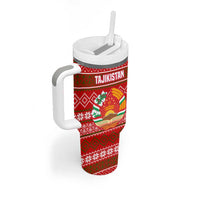 Tajikistan Christmas Tumbler With Handle with Santa Riding Snow Leopard National Emblem and Red Holiday Pattern - Wonder Print Shop