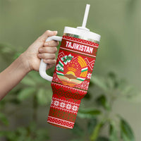 Tajikistan Christmas Tumbler With Handle with Santa Riding Snow Leopard National Emblem and Red Holiday Pattern - Wonder Print Shop