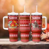 Tajikistan Christmas Tumbler With Handle with Santa Riding Snow Leopard National Emblem and Red Holiday Pattern - Wonder Print Shop