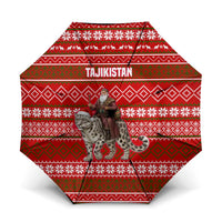 Tajikistan Christmas Umbrella with Santa Riding Snow Leopard National Emblem and Red Holiday Pattern - Wonder Print Shop