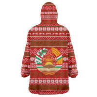 Tajikistan Christmas Wearable Blanket Hoodie with Santa Riding Snow Leopard National Emblem and Red Holiday Pattern - Wonder Print Shop