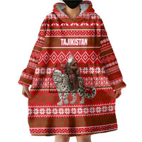 Tajikistan Christmas Wearable Blanket Hoodie with Santa Riding Snow Leopard National Emblem and Red Holiday Pattern - Wonder Print Shop