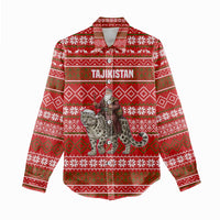 Tajikistan Christmas Women Casual Shirt with Santa Riding Snow Leopard National Emblem and Red Holiday Pattern - Wonder Print Shop