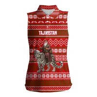 Tajikistan Christmas Women Sleeveless Polo Shirt with Santa Riding Snow Leopard National Emblem and Red Holiday Pattern - Wonder Print Shop