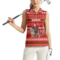 Tajikistan Christmas Women Sleeveless Polo Shirt with Santa Riding Snow Leopard National Emblem and Red Holiday Pattern - Wonder Print Shop