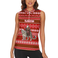 Tajikistan Christmas Women Sleeveless Polo Shirt with Santa Riding Snow Leopard National Emblem and Red Holiday Pattern - Wonder Print Shop