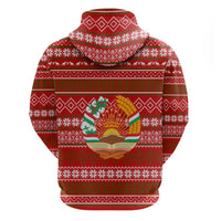 Tajikistan Christmas Zip Hoodie with Santa Riding Snow Leopard National Emblem and Red Holiday Pattern - Wonder Print Shop