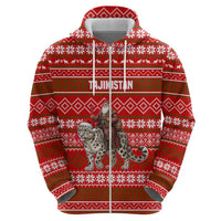 Tajikistan Christmas Zip Hoodie with Santa Riding Snow Leopard National Emblem and Red Holiday Pattern - Wonder Print Shop