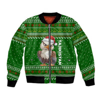 Tajikistan Christmas Bomber Jacket with Santa Hat Eagle Green Snowflake Pattern and Holiday Design - Wonder Print Shop