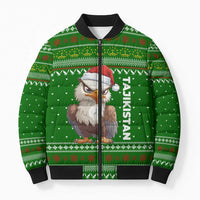 Tajikistan Christmas Bomber Puffer Jacket with Santa Hat Eagle Green Snowflake Pattern and Holiday Design - Wonder Print Shop