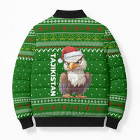 Tajikistan Christmas Bomber Puffer Jacket with Santa Hat Eagle Green Snowflake Pattern and Holiday Design - Wonder Print Shop