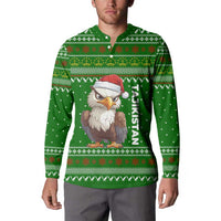 Tajikistan Christmas Button Sweatshirt with Santa Hat Eagle Green Snowflake Pattern and Holiday Design - Wonder Print Shop