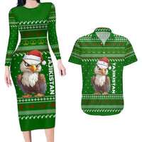 Tajikistan Christmas Couples Matching Long Sleeve Bodycon Dress and Hawaiian Shirt with Santa Hat Eagle Green Snowflake Pattern and Holiday Design - Wonder Print Shop