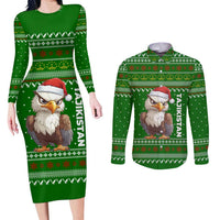 Tajikistan Christmas Couples Matching Long Sleeve Bodycon Dress and Long Sleeve Button Shirt with Santa Hat Eagle Green Snowflake Pattern and Holiday Design - Wonder Print Shop