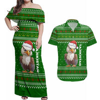 Tajikistan Christmas Couples Matching Off Shoulder Maxi Dress and Hawaiian Shirt with Santa Hat Eagle Green Snowflake Pattern and Holiday Design - Wonder Print Shop