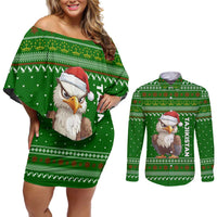 Tajikistan Christmas Couples Matching Off Shoulder Short Dress and Long Sleeve Button Shirt with Santa Hat Eagle Green Snowflake Pattern and Holiday Design - Wonder Print Shop