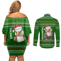 Tajikistan Christmas Couples Matching Off Shoulder Short Dress and Long Sleeve Button Shirt with Santa Hat Eagle Green Snowflake Pattern and Holiday Design - Wonder Print Shop