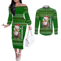 Tajikistan Christmas Couples Matching Off The Shoulder Long Sleeve Dress and Long Sleeve Button Shirt with Santa Hat Eagle Green Snowflake Pattern and Holiday Design - Wonder Print Shop