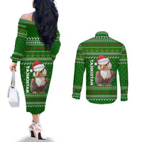 Tajikistan Christmas Couples Matching Off The Shoulder Long Sleeve Dress and Long Sleeve Button Shirt with Santa Hat Eagle Green Snowflake Pattern and Holiday Design - Wonder Print Shop