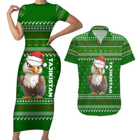 Tajikistan Christmas Couples Matching Short Sleeve Bodycon Dress and Hawaiian Shirt with Santa Hat Eagle Green Snowflake Pattern and Holiday Design - Wonder Print Shop