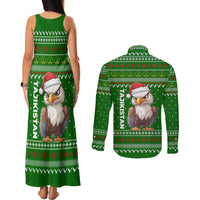 Tajikistan Christmas Couples Matching Tank Maxi Dress and Long Sleeve Button Shirt with Santa Hat Eagle Green Snowflake Pattern and Holiday Design - Wonder Print Shop