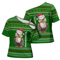 Tajikistan Christmas Cross Shoulder Shirt with Santa Hat Eagle Green Snowflake Pattern and Holiday Design - Wonder Print Shop