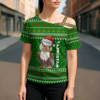 Tajikistan Christmas Cross Shoulder Shirt with Santa Hat Eagle Green Snowflake Pattern and Holiday Design - Wonder Print Shop