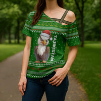 Tajikistan Christmas Cross Shoulder Shirt with Santa Hat Eagle Green Snowflake Pattern and Holiday Design - Wonder Print Shop