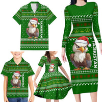 Tajikistan Christmas Family Matching Long Sleeve Bodycon Dress and Hawaiian Shirt with Santa Hat Eagle Green Snowflake Pattern and Holiday Design - Wonder Print Shop