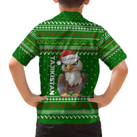 Tajikistan Christmas Family Matching Off The Shoulder Long Sleeve Dress and Hawaiian Shirt with Santa Hat Eagle Green Snowflake Pattern and Holiday Design - Wonder Print Shop