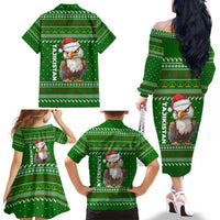 Tajikistan Christmas Family Matching Off The Shoulder Long Sleeve Dress and Hawaiian Shirt with Santa Hat Eagle Green Snowflake Pattern and Holiday Design - Wonder Print Shop