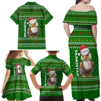 Tajikistan Christmas Family Matching Off Shoulder Maxi Dress and Hawaiian Shirt with Santa Hat Eagle Green Snowflake Pattern and Holiday Design - Wonder Print Shop