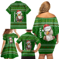 Tajikistan Christmas Family Matching Off Shoulder Short Dress and Hawaiian Shirt with Santa Hat Eagle Green Snowflake Pattern and Holiday Design - Wonder Print Shop