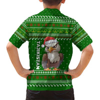 Tajikistan Christmas Family Matching Short Sleeve Bodycon Dress and Hawaiian Shirt with Santa Hat Eagle Green Snowflake Pattern and Holiday Design - Wonder Print Shop