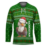 Tajikistan Christmas Hockey Jersey with Santa Hat Eagle Green Snowflake Pattern and Holiday Design - Wonder Print Shop