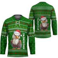 Tajikistan Christmas Hockey Jersey with Santa Hat Eagle Green Snowflake Pattern and Holiday Design - Wonder Print Shop