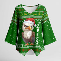 Tajikistan Christmas Kimono Sleeve Blouse with Santa Hat Eagle Green Snowflake Pattern and Holiday Design - Wonder Print Shop