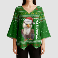 Tajikistan Christmas Kimono Sleeve Blouse with Santa Hat Eagle Green Snowflake Pattern and Holiday Design - Wonder Print Shop