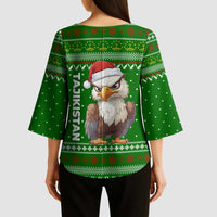 Tajikistan Christmas Kimono Sleeve Blouse with Santa Hat Eagle Green Snowflake Pattern and Holiday Design - Wonder Print Shop