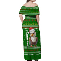 Tajikistan Christmas Off Shoulder Maxi Dress with Santa Hat Eagle Green Snowflake Pattern and Holiday Design - Wonder Print Shop
