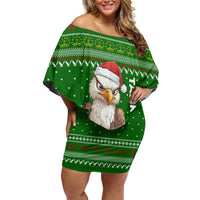 Tajikistan Christmas Off Shoulder Short Dress with Santa Hat Eagle Green Snowflake Pattern and Holiday Design - Wonder Print Shop