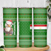 Tajikistan Christmas Skinny Tumbler with Santa Hat Eagle Green Snowflake Pattern and Holiday Design - Wonder Print Shop