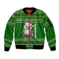 Tajikistan Christmas Sleeve Zip Bomber Jacket with Santa Hat Eagle Green Snowflake Pattern and Holiday Design - Wonder Print Shop