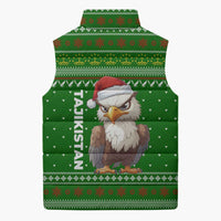 Tajikistan Christmas Sleeveless Puffer Jacket with Santa Hat Eagle Green Snowflake Pattern and Holiday Design - Wonder Print Shop