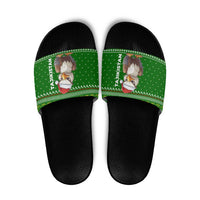 Tajikistan Christmas Slide Sandals with Santa Hat Eagle Green Snowflake Pattern and Holiday Design - Wonder Print Shop