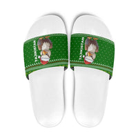 Tajikistan Christmas Slide Sandals with Santa Hat Eagle Green Snowflake Pattern and Holiday Design - Wonder Print Shop