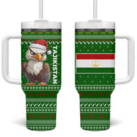Tajikistan Christmas Tumbler With Handle with Santa Hat Eagle Green Snowflake Pattern and Holiday Design - Wonder Print Shop