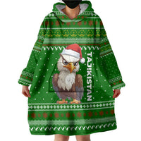 Tajikistan Christmas Wearable Blanket Hoodie with Santa Hat Eagle Green Snowflake Pattern and Holiday Design - Wonder Print Shop